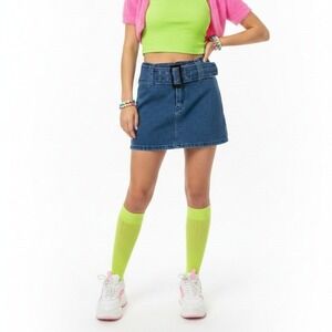 WFFS Y2K Belted Mini Denim Skirt High Rise Medium Wash Jean Retro Festival Sz L